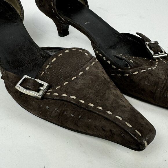 Prada Brown Suede D'Orsay Pumps Kitten Heels Buckle Pointed Toe Size 5.5 EU 35.5 - Picture 4 of 12
